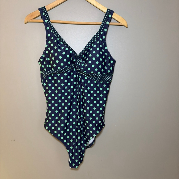 Boden Swimsuit One Piece Navy Teal Polka Dot Lined Size US 8 - Picture 2 of 7